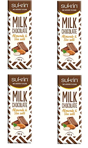 Sukrin Milchschokoladenriegel mit Mandeln und Meersalz – kalorienreduziert, cremig glatt, hergestellt mit natürlichen Süßungsmitteln, 40 g (4 Stück) von Sukrin