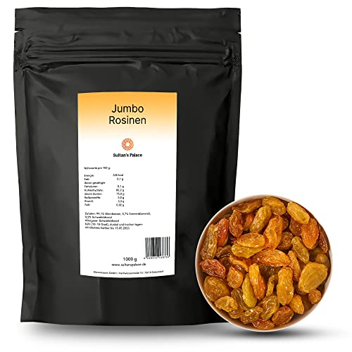 Sultan’s Palace Gelbe Jumbo Rosinen – 1000g– Beste Premium Qualität – Helle Weinbeeren – Müsli Früchte, für Porridge Ohne Zucker – Getrocknete Früchte und Beeren (Vegan) von Sultan's Palace