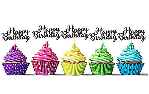 Sumerk 24 Stück Happy Birthday Cupcake-Topper Glitzer Schwarz Geburtstag Kuchen Picks Party Supplies von Sumerk