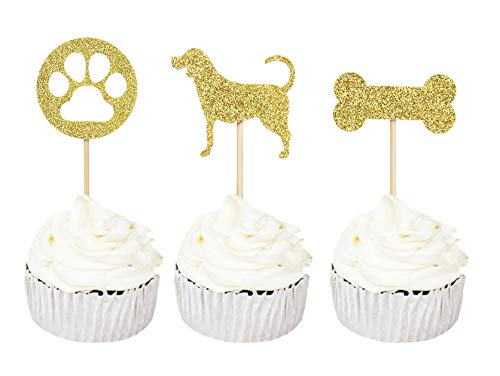 Sumerk Cupcake-Topper mit Hundemotiv, goldfarben, glitzernd, für Babyparty, Geburtstag, Party-Dekoration, 24 Stück Cupcake-Picker mit Hundemotiv S von Sumerk