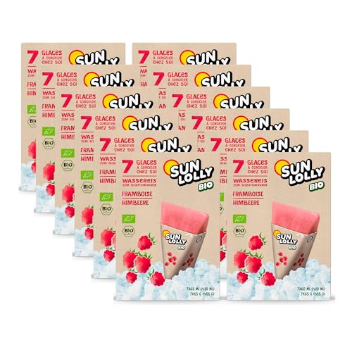 Sun Lolly Bio Wassereis Himbeere 7 Stk | Mit Fruchtsaft | Zum Selbsteinfrieren | Ohne künstliche Aromen | Frei von Süßungsmittel | Laktosefrei | Glutenfrei | Vegan | 7 x 60ml (12er Pack) von Sun Lolly
