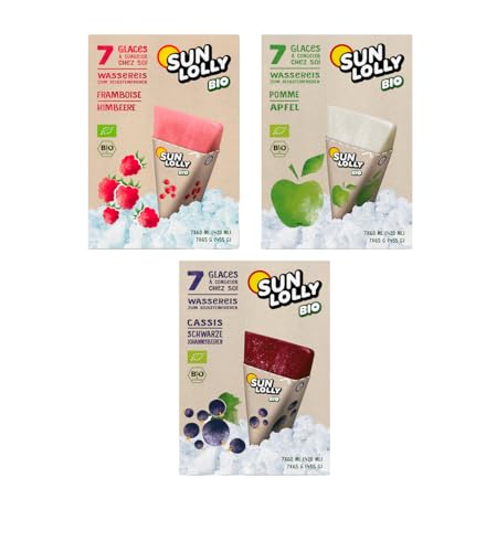 Sun Lolly Bio Wassereis 3er Mix mit Himbeere, Johannisbeere und Apfel | Mit Fruchtsaft | Ohne künstliche Aromen | Frei von Süßungsmittel | Laktosefrei | Glutenfrei | Vegan | 3 x 7 x 60ml Sun Lolly Bio Wassereis 3er Mix mit Himbeere, Johannisbeere und Apfel | Mit Fruchtsaft | Ohne künstliche Aromen | Frei von Süßungsmittel | Laktosefrei | Glutenfrei | Vegan | 3 x 7 x 60ml von Sun Lolly