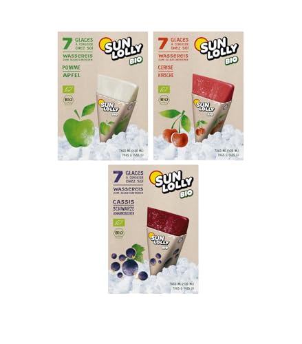 Sun Lolly Bio Wassereis 3er Mix Kirsche, Johannisbeere und Apfel | Mit Fruchtsaft | Ohne künstliche Aromen | Frei von Süßungsmittel | Laktosefrei | Glutenfrei | Vegan | 3 x 7 x 60ml Sun Lolly Bio Wassereis 3er Mix Kirsche, Johannisbeere und Apfel | Mit Fruchtsaft | Ohne künstliche Aromen | Frei von Süßungsmittel | Laktosefrei | Glutenfrei | Vegan | 3 x 7 x 60ml von Sun Lolly