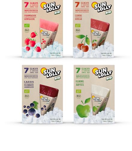 Sun Lolly Bio Wassereis 4er Mix Kirsche, Johannisbeere, Apfel, Himbeere | Mit Fruchtsaft | Ohne künstliche Aromen | Frei von Süßungsmittel | Laktosefrei | Glutenfrei | Vegan | 4x 7 x 60ml Sun Lolly Bio Wassereis 4er Mix Kirsche, Johannisbeere, Apfel, Himbeere | Mit Fruchtsaft | Ohne künstliche Aromen | Frei von Süßungsmittel | Laktosefrei | Glutenfrei | Vegan | 4x 7 x 60ml von Sun Lolly