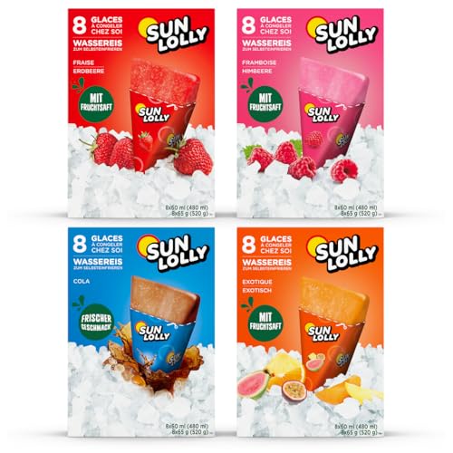 Sun Lolly Wassereis Probier-Set mit 4 Sorten | Erdbeere, Himbeere, Cola, Exotisch | Mit Fruchtsaft | Zum Selbsteinfrieren | Ohne künstliche Aromen | Praktisch | 4 x 8 x 60ml (480ml) Sun Lolly Wassereis Probier-Set mit 4 Sorten | Erdbeere, Himbeere, Cola, Exotisch | Mit Fruchtsaft | Zum Selbsteinfrieren | Ohne künstliche Aromen | Praktisch | 4 x 8 x 60ml (480ml) von Sun Lolly