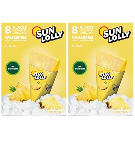Sun Lolly Wassereis Ananas 8 Stk | Mit Fruchtsaft | Zum Selbsteinfrieren | Ohne künstliche Aromen | Frei von Süßungsmittel | Laktosefrei | Glutenfrei | 8 x 60ml | 2er Pack Sun Lolly Wassereis Ananas 8 Stk | Mit Fruchtsaft | Zum Selbsteinfrieren | Ohne künstliche Aromen | Frei von Süßungsmittel | Laktosefrei | Glutenfrei | 8 x 60ml | 2er Pack von Sun Lolly