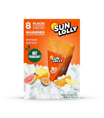 Sun Lolly Wassereis Exotisch 8 Stk | Mit Fruchtsaft | Zum Selbsteinfrieren | Ohne künstliche Aromen | Frei von Süßungsmittel | Laktosefrei | Glutenfrei | 8 x 60ml von Sun Lolly