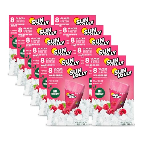 Sun Lolly Wassereis Himbeere 12 x 8 Stk | Mit Fruchtsaft | Zum Selbsteinfrieren | Ohne künstliche Aromen | Frei von Süßungsmittel | Laktosefrei | Glutenfrei | 12 x 480 ml von Sun Lolly