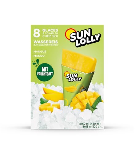 Sun Lolly Wassereis Mango 8 Stk | Mit Fruchtsaft | Zum Selbsteinfrieren | Ohne künstliche Aromen | Frei von Süßungsmittel | Laktosefrei | Glutenfrei | 8 x 60ml von Sun Lolly