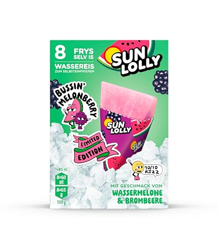 Sun Lolly Wassereis Wassermelone & Brombeere 8 Stk | Limited Edition | Mit Fruchtsaft | Zum Selbsteinfrieren | Ohne künstliche Aromen | Frei von Süßungsmittel | Laktosefrei | Glutenfrei | 8 x 60ml Sun Lolly Wassereis Wassermelone & Brombeere 8 Stk | Limited Edition | Mit Fruchtsaft | Zum Selbsteinfrieren | Ohne künstliche Aromen | Frei von Süßungsmittel | Laktosefrei | Glutenfrei | 8 x 60ml von Sun Lolly