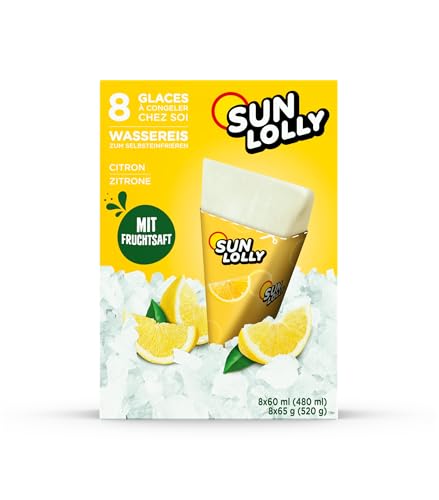 Sun Lolly Wassereis Zitrone 8 Stk | Mit Fruchtsaft | Zum Selbsteinfrieren | Ohne künstliche Aromen | Frei von Süßungsmittel | Laktosefrei | Glutenfrei | 8 x 60ml von Sun Lolly