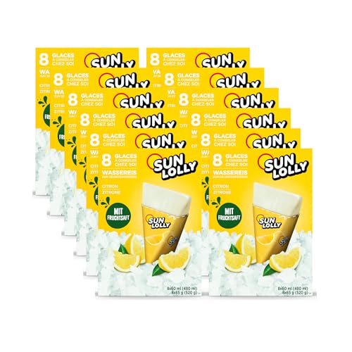 Sun Lolly Wassereis Zitrone 12er Vorratspack | Mit Fruchtsaft | Zum Selbsteinfrieren | Ohne künstliche Aromen | Frei von Süßungsmittel | Laktosefrei | Glutenfrei | 12 x 480ml von Sun Lolly