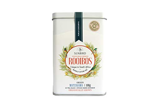 Sunbird Rooibos - Matzikama - Premium Bio Rooibos Südafrika - Natürliche ganze Blätter 40 Teebeutel - Reich an Antioxidantien - Ohne Koffein - Entspannend - Entgiftend - Aluminiumdose 100g von Sunbird Rooibos