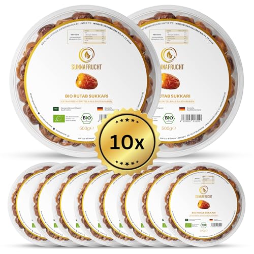 10x Bio Rutab Sukkari Datteln von Sunnafrucht® | 5kg (10x 500g) | Premium Qualität | Extra Frisch & Saftig | Angebaut in Al Qassim, Saudi-Arabien | Perfekt für Snacks & Desserts | Super Fresh von Sunnafrucht