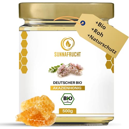 Bio Akazienhonig von Sunnafrucht® | 500g | Roh & Natürlich | Mild-Süßer Geschmack | Roher Honig | Naturschutzgebiet in Bayern | Ideal für Tee & Müsli | Imkermeister-Qualität von Sunnafrucht