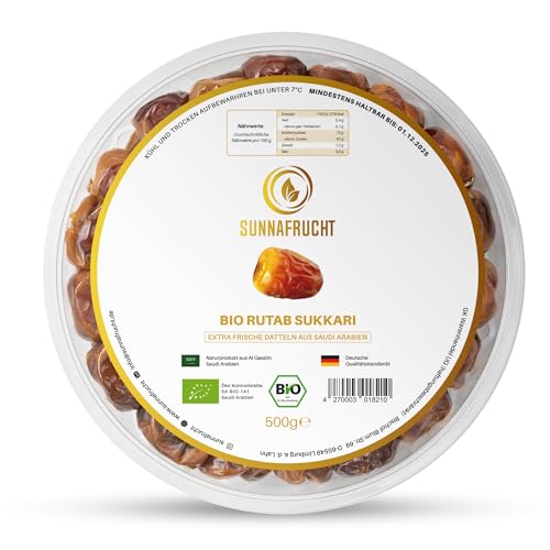 Bio Rutab Sukkari Datteln von Sunnafrucht® | 500g | Premium Qualität | Extra Frisch & Saftig | Angebaut in Al Qassim, Saudi-Arabien | Perfekt für Snacks & Desserts | Super Fresh von Sunnafrucht