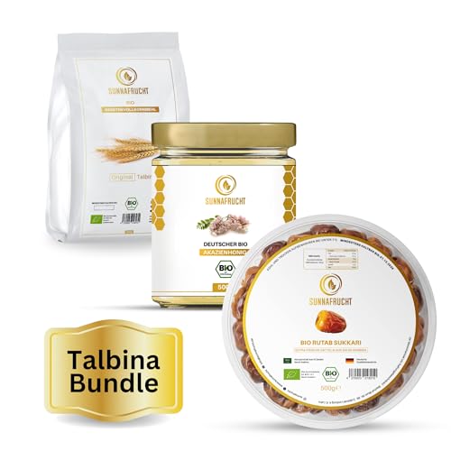 Bio Talbina Set von Sunnafrucht® | Enthält Bio Gerstenvollkornmehl (1000g), Bio Akazienhonig (500g) & Bio Sukkari Rutab Datteln (500g) | Natürlich & Rein | Super Frisch & Roher Honig von Sunnafrucht