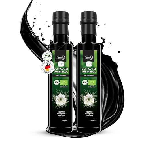Sunnah Shop® Bio Schwarzkümmelöl ungefiltert 500ml (2x250ml) - Black Seed Oil Organic aus ägyptischen Nigella Sativa - 100% rein Schwarzkümmelöl Bio Kaltgepresst - lichtgeschützt in Glasflasche von Sunnah Shop