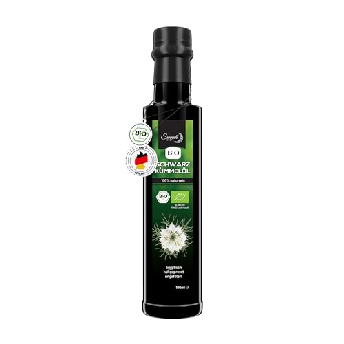 Sunnah Shop® Bio Schwarzkümmelöl ungefiltert kaltgepresst 100ml - Black Seed Oil Organic aus ägyptischen Nigella Sativa - 100% rein Schwarzkümmelöl Bio Kaltgepresst - lichtgeschützt in Glasflasche von Sunnah Shop