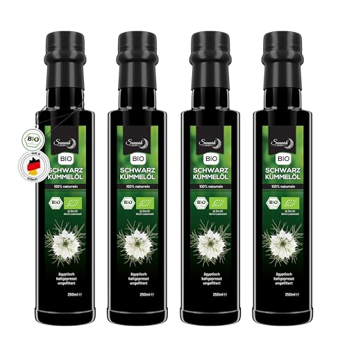 Sunnah Shop® Bio Schwarzkümmelöl ungefiltert kaltgepresst 4x250ml | Black Seed Oil Organic | 100% rein aus ägyptischen Nigella Sativa von Sunnah Shop