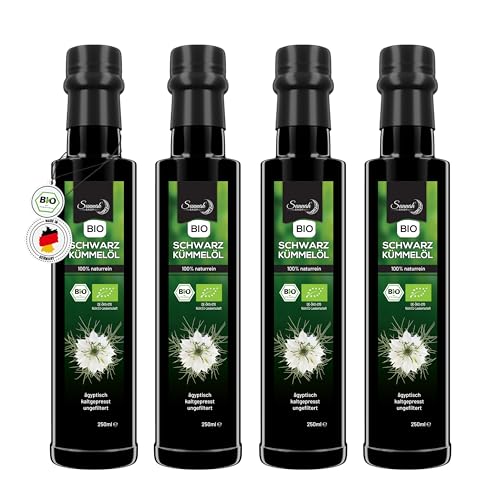 Sunnah Shop® Bio Schwarzkümmelöl ungefiltert kaltgepresst 4x250ml - Black Seed Oil Organic aus ägyptischen Nigella Sativa - 100% rein Schwarzkümmelöl Bio Kaltgepresst - lichtgeschützt in Glasflasche von Sunnah Shop