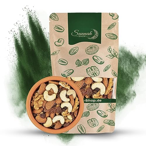 Sunnah Shop® Nussmischung Naturbelassen 500g ungeröstet ungesalzen | Fruchtige Vielfalt aus Cashewkernen, Mandelkernen, Walnusskernen und Rosinen | Vegan Protein | Studentenfutter Nüsse von Sunnah Shop