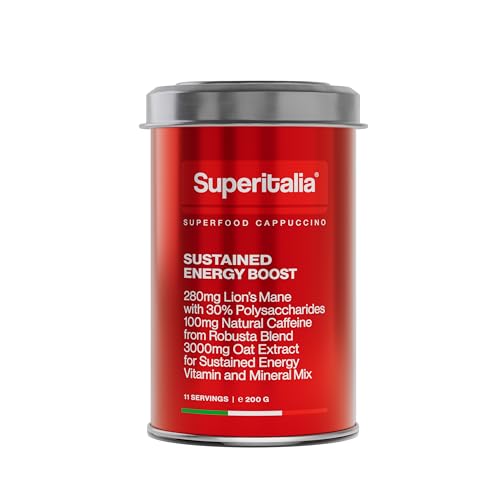 Sustained Energy Boost (11 Portionen) - Instant Kaffee - Mushroom Coffee mit Lion’s Mane, Vitaminen & Mineralien - Superfood Cappuccino von Superitalia - offizieller Partner von Hyrox - Made in Italy von Superitalia