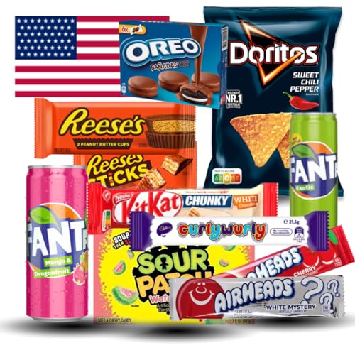 Amerika Snack Box | Bestseller aus den USA | Süßigkeiten Top Marken Chips, Snacks, Schokolade, Softdrinks | Geschenkeset von Sweet Bobo