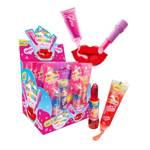 Unicorn Lip Set 12er Display | 12x Lolly in Lippenstift-Halterung + 12x Candy Lipgloss | 3 Fruchtgeschmäcker | Großpackung für Partys, Wiederverkäufer & Events | (Einhorn-Design) von Sweet Flash