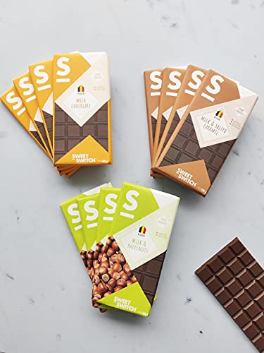 SWEET-SWITCH® - Milk Chocolate Box - 12 x 100 g - Belgische Schokolade Mix - Haselnüsse - Karamell - Geschenk-Box - Weniger Zucker - Gluten frei - Keto von Sweet-Switch