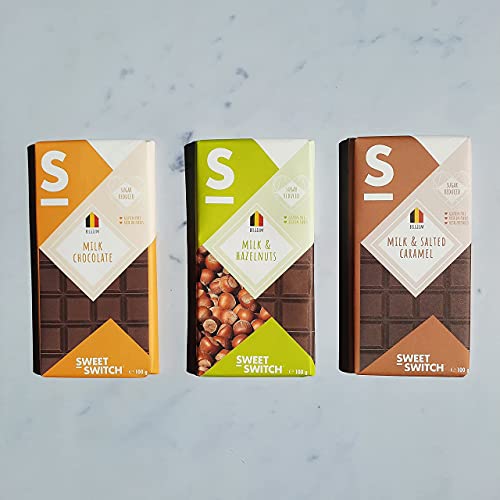 SWEET-SWITCH - 3 x 100 g - Belgien Milchschokoladen Mix - Milch Schokoladen - Karamell - Haselnüsse - Zucker Reduziert - Glutenfrei - Schoko-Geschenk - KETO von Sweet-Switch