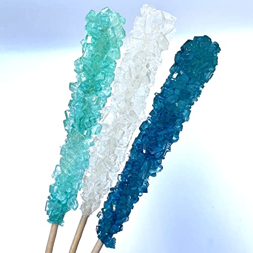 Classic Rock Candy Sticks Lutscher, Sugar Rock Crystals on Swizzle Stick einzeln verpackt (Frozen Ice (Blau, Weiß & Hellblau) 6 Stück) von SweetGlob