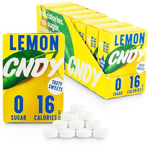 CNDY Zitrone Zuckerfreie Bonbons 40g (7er Box) – Kalorienarm (16), Wenig Kohlenhydrate (4), Keto, Erythritol, Vegane Bonbons von Sweetastic Ltd