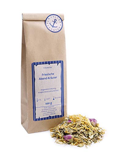 Kräutertee lose Friesische Abend-Kräuter Eukalyptus, Hopfen, Zitronengras, Melisse, Passionsblumenkraut, Rotbuschtee, Spitzwegerich, Rosen, Ringelblumen Kräuter Tee 100g Kräutertee lose Friesische Abend-Kräuter Eukalyptus, Hopfen, Zitronengras, Melisse, Passionsblumenkraut, Rotbuschtee, Spitzwegerich, Rosen, Ringelblumen Kräuter Tee 100g von Sylter Teekontor