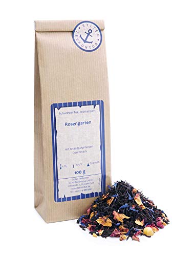 Schwarztee lose Schwarzer Tee Rosengarten Rosenblüten Korinthen Aprikose Mango Kornblumenblüten Schwarzer Tee mit Ananas-Aprikosen-Geschmack 250g von Sylter Teekontor