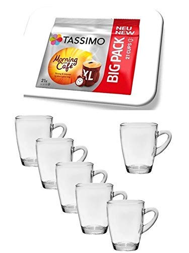 Tassimo Morning Café XL, Kaffee Kapseln + + 6 x Glas Henkelbecher 310ml, von T