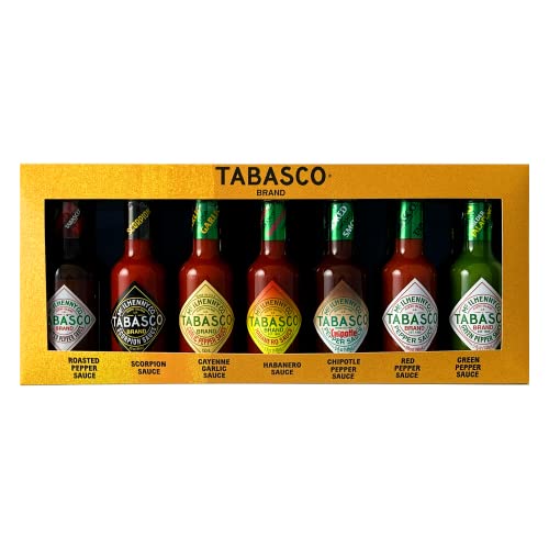 Geschenkset der Marke TABASCO® 'SIZZLING SET' 7 x 148-ml-Glasflaschen Vom rauchigen Geschmack unserer Roasted Pepper Sauce bis zur stechenden Hitze von Scorpion Sauce von TABASCO