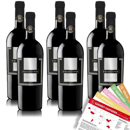 Soluno Primitivo Salento IGP, feinherb, sortenreines Weinpaket + VINOX Winecards (6x0,75l) von TAGARO SRL, 72015, Fasano, Italien