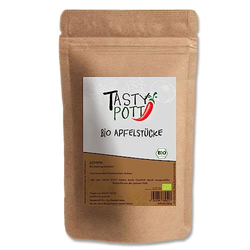 Tasty Pott Bio Apfelstücke 250 Gramm | Backen & Kochen | Kuchen & Muffins | Nachfüllbeutel Nachfüllpackung | Apfel Stücke | getrocknet | Snack ohne Zusatzstoffe | natürliches Aroma von TASTY POTT
