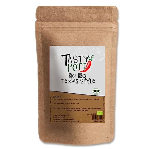 Tasty Pott Bio BBQ Texas Rub 250 Gramm | Würzen & Kochen | Grillen & Marinieren | Marinade Gewürzmischung | Texasstyle | Nachfüllpackung Nachfüllbeutel | Gemüse Fleisch Fisch von TASTY POTT