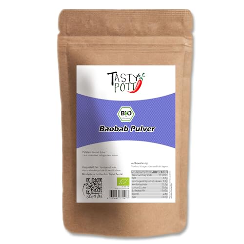 Tasty Pott Bio Baobab Pulver I Für Smoothies Säfte und Shakes I Frucht des Affenbrotbaums gemahlen I Vegane Ernährung I Superfoods I Baobabfrucht I Im Beutel 1000g von TASTY POTT