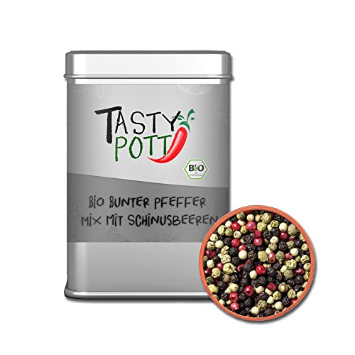 Tasty Pott Bio Bunter Pfeffer Mix mit Schinusbeeren I Schwarzer Pfeffer I Weißer Pfeffer I Grüner Pfeffer I Pfefferkörner I Pepper I In der Dose 60g von TASTY POTT