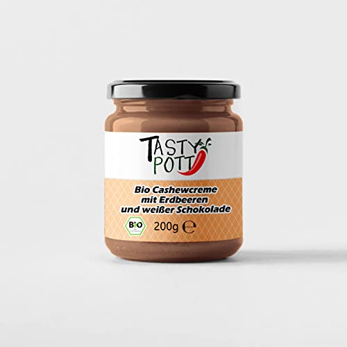 Tasty Pott Bio Cashewcreme mit Erdbeeren und weißer Schokolade I Cremiger Aufstrich I White Chocolate I Brotaufstrich I Nusscreme I Im Glas 200g von TASTY POTT