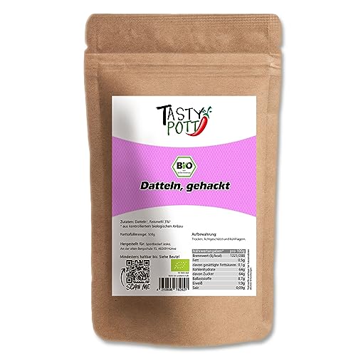 Tasty Pott Bio Datteln gehackt 500g Beutel | Dattel süß | Kochen Backen | Müsli Kuchen Snack | Vegetarisch Vegan | Süßen Natur natürlich | Fruchtzucker | Paleo Glutenfrei von TASTY POTT