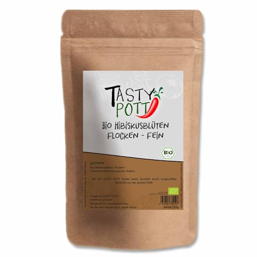 Tasty Pott Bio Hibiskusblüten Flocken fein 250 Gramm | Backen & Dekorieren | blumiger Geschmack | verfeinern Genuss | Smoothie Dessert Kuchen | Vorteilspackung Vorratsbeutel von TASTY POTT