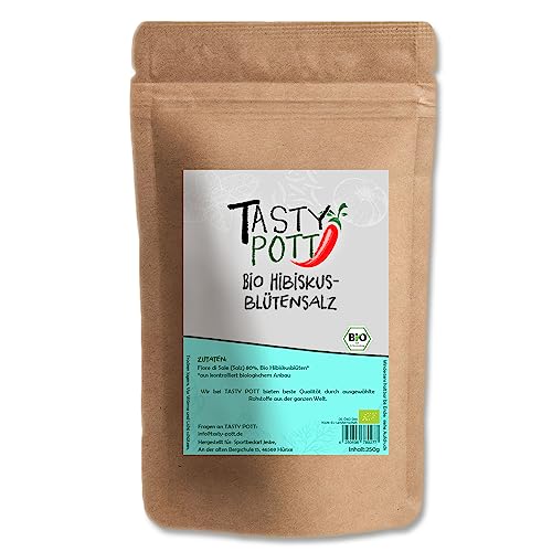 Tasty Pott Bio Hibiskusblütensalz 250 Gramm | Kochen & Würzen | Marinieren & Verfeinern | Salz salzig Geschmack | Blumen Hibiskusblüten | Vorteilspackung Vorratsbeutel von TASTY POTT