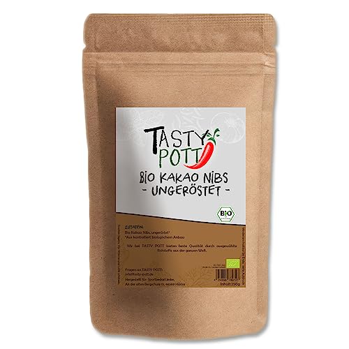 Tasty Pott Bio Kakao Nibs ungeröstet 250 Gramm | Kochen & Backen | Müsli & Bowls | Joghurt Quark Frühstück Kuchen | Bioqualität hochwertig | Nachfüllbeutel Vorteilspackung von TASTY POTT