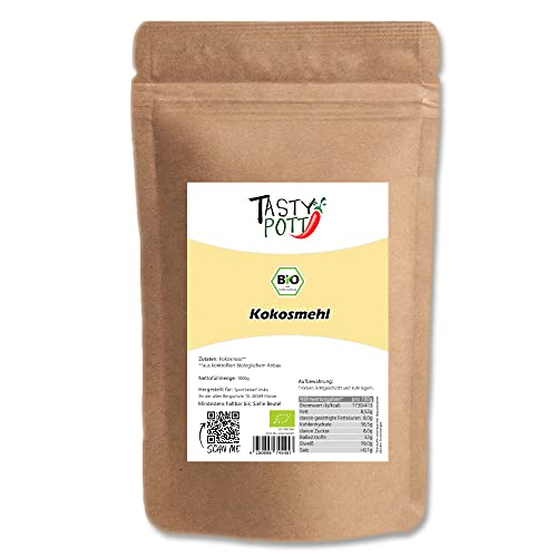 Tasty Pott Bio Kokosmehl entölt I Glutenfreies Mehl I Aus gemahlenen Kokosnüssen I Vegane Küche I Kuchen Backen I Pflanzenmehl I Im Beutel 1000g von TASTY POTT