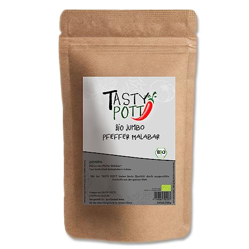 Tasty Pott Bio Malabar Jumbo Pfeffer schwarz ganz 250 Gramm | Würzen & Marinieren | Geschmack Genuss Pfeffer pfeffrig | hochwertig besonders | Vorteilspackung Vorratsbeutel von TASTY POTT