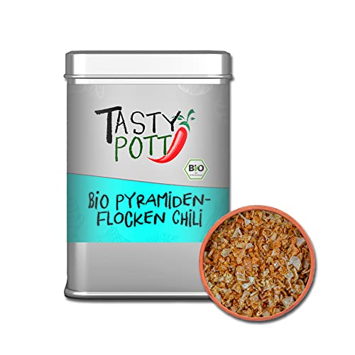 Tasty Pott Bio Pyramidenflocken - Chili - I Chilisalz I Rotes Salz I Salzflocken I Meersalz I Salzen I Gewürz I Würzen I Pyramidensalz in der Dose 85g von TASTY POTT